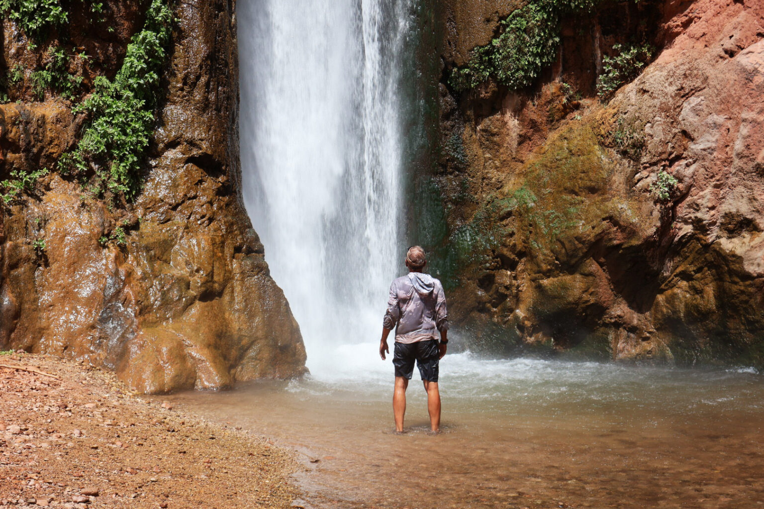 A man stands in a pool at the base of Deer Creek Falls in Grand Canyon.