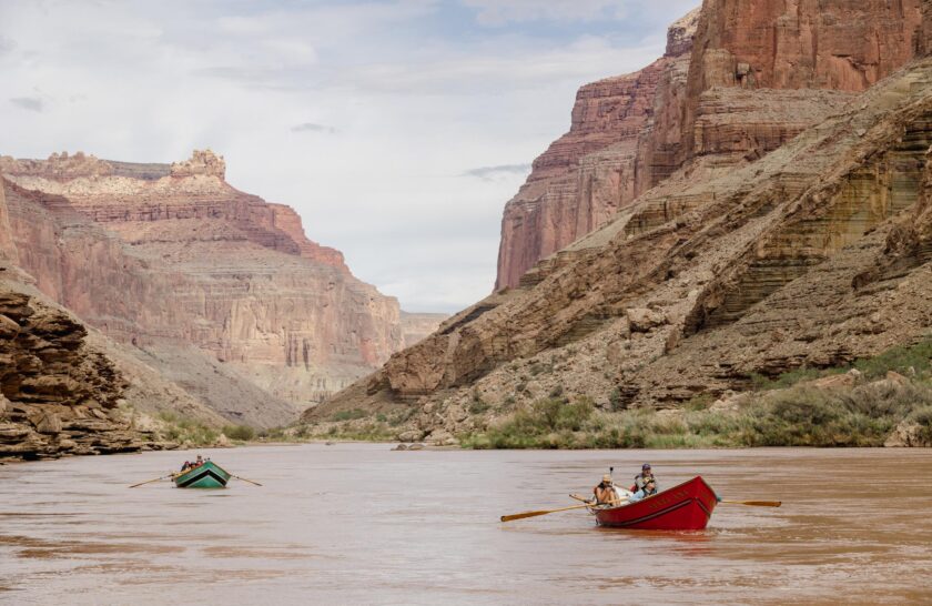 Two dories float near each other in Grand Canyon
