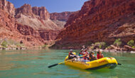 A yellow oar raft with people rowing down an emerald Colorado River in Grand Canyon