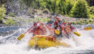 A raft full of people paddle through whitewater as spray surrounds the boat