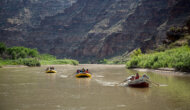 Two yellow rafts and a dory make their way downriver on an OARS John Wesley Powell Retrace trip