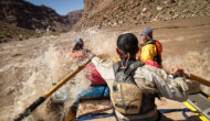 A guide rows an oar raft through a rapid on the Colorado River as passengers in the front are splashed by the waves.