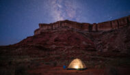 A tent under the stars during an OARS Stillwater hiking trip.