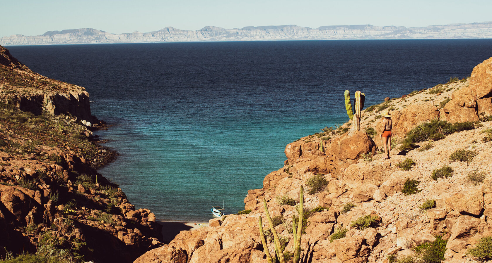 A woman high up on a rocky mountainside overlooks the ocean below as cacti jut out of the rocks around her.