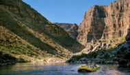 Yellow OARS rafts in lower section of Grand Canyon