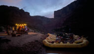 Rafting group camp set up at night in Canyonlands National Park.
