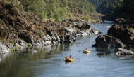 Groups rafting down the Rogue River in Oregon.