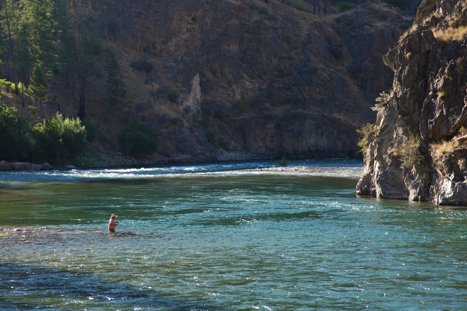 Landscape view of a man standing in the Middle Fork Salmon River while he fly fishes