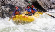 A group of paddlers rafting the Merced River in the spring