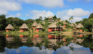 Bungalows sit along the water in a lush rainforest in the Amazon.