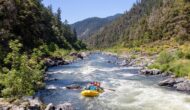 A yellow raft with four people navigates the Wild & Scenic Rogue River surrounded by steep green hills and rocky shores under a clear blue sky.