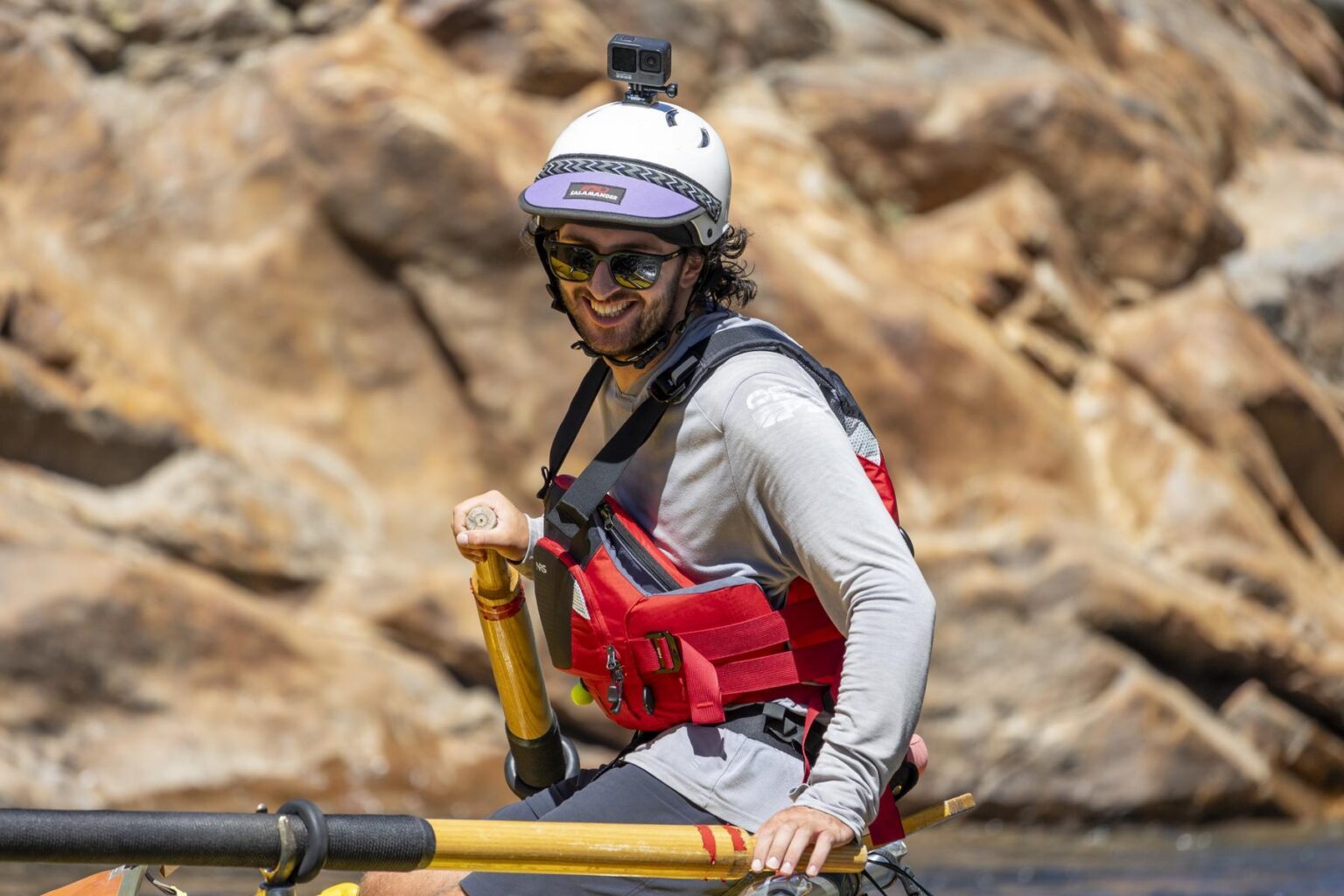 The Salamander Beak Helmet Visor shades a guide's eyes on the Tuolumne River.