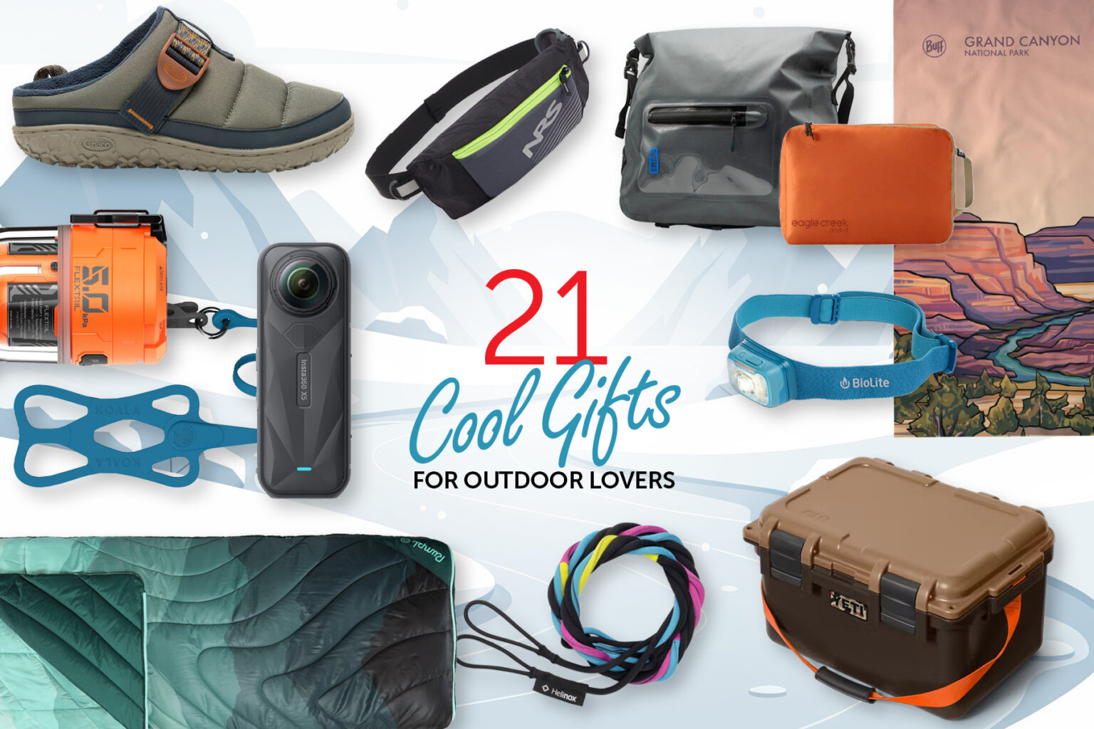 A graphic with a collage of outdoor gift ideas that says 21 Cool Gifts for Outdoor Lovers