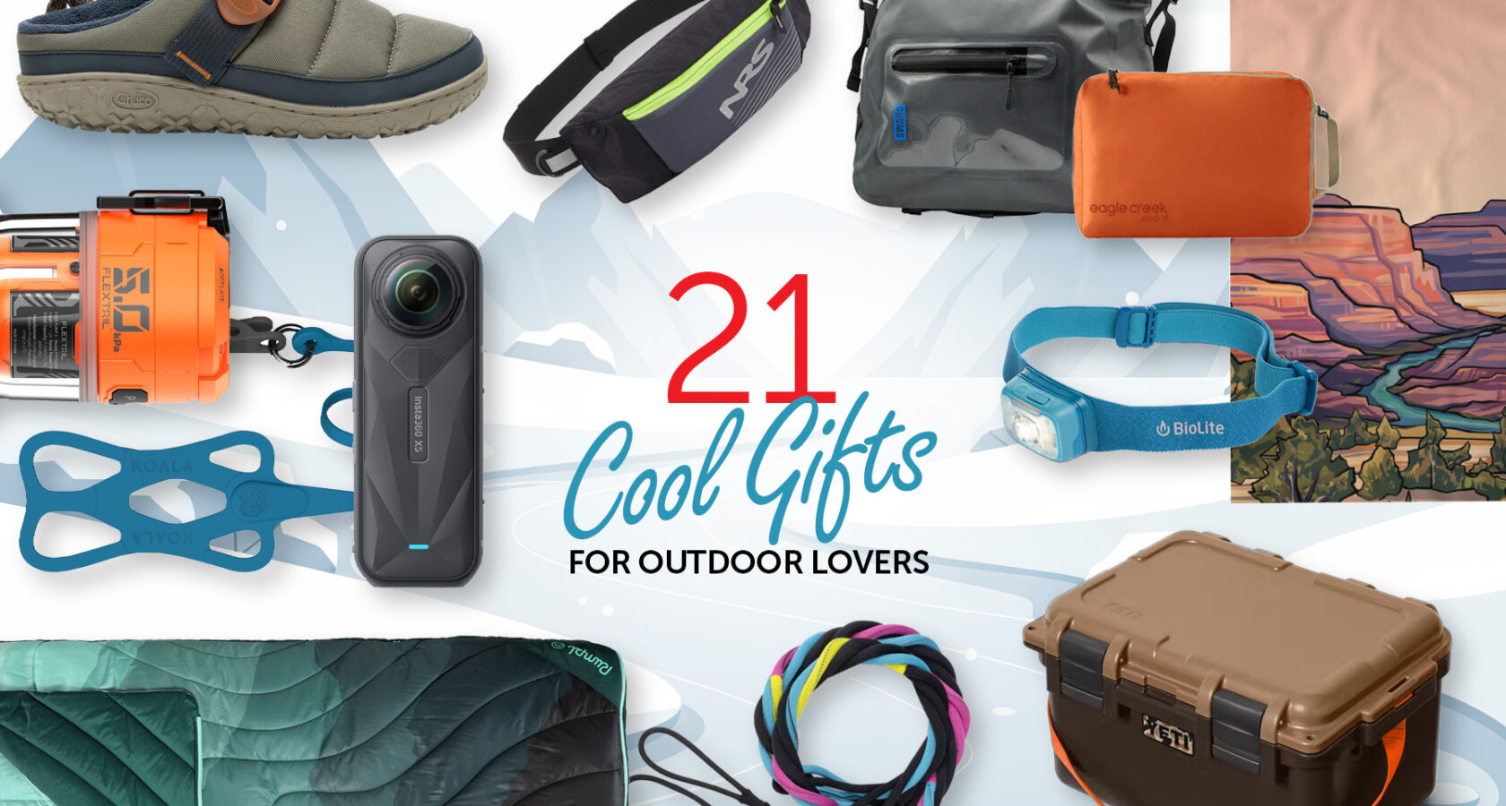 A graphic with a collage of outdoor gift ideas that says 21 Cool Gifts for Outdoor Lovers
