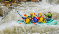 A group of rafters goes through a rapid on Colorado's Clear Creek.
