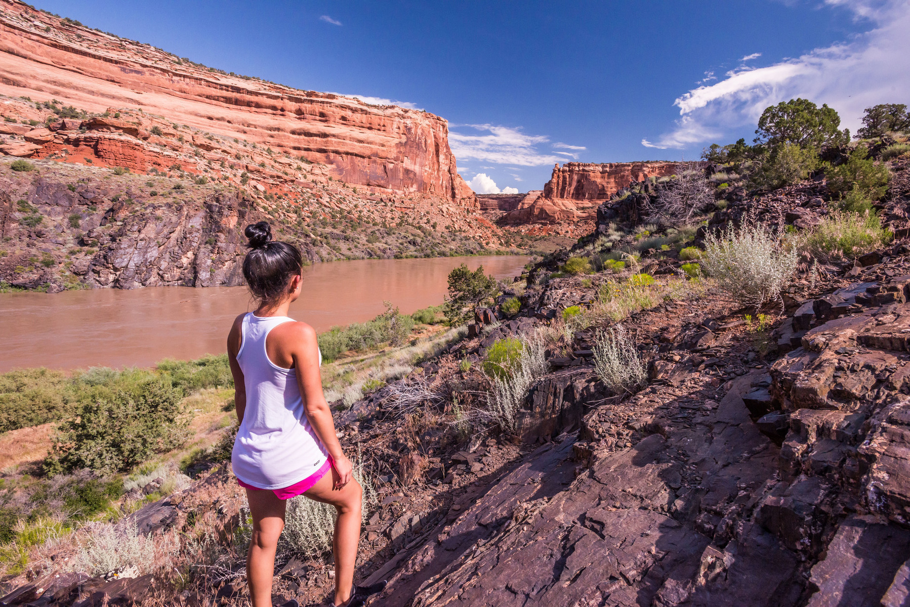 A woman stands above the Colorado River in Westwater Canyon looking out at the striking geology of black Vishnu Schist and redrock canyon walls.
