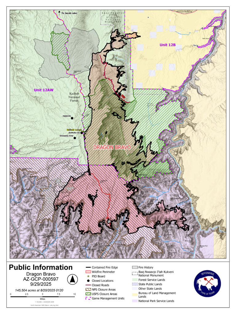 A map of the Dragon Bravo Fire on the North Rim of Grand Canyon