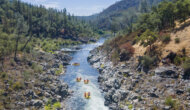 Aerial view of yellow OARS rafts floating down the South Fork American River