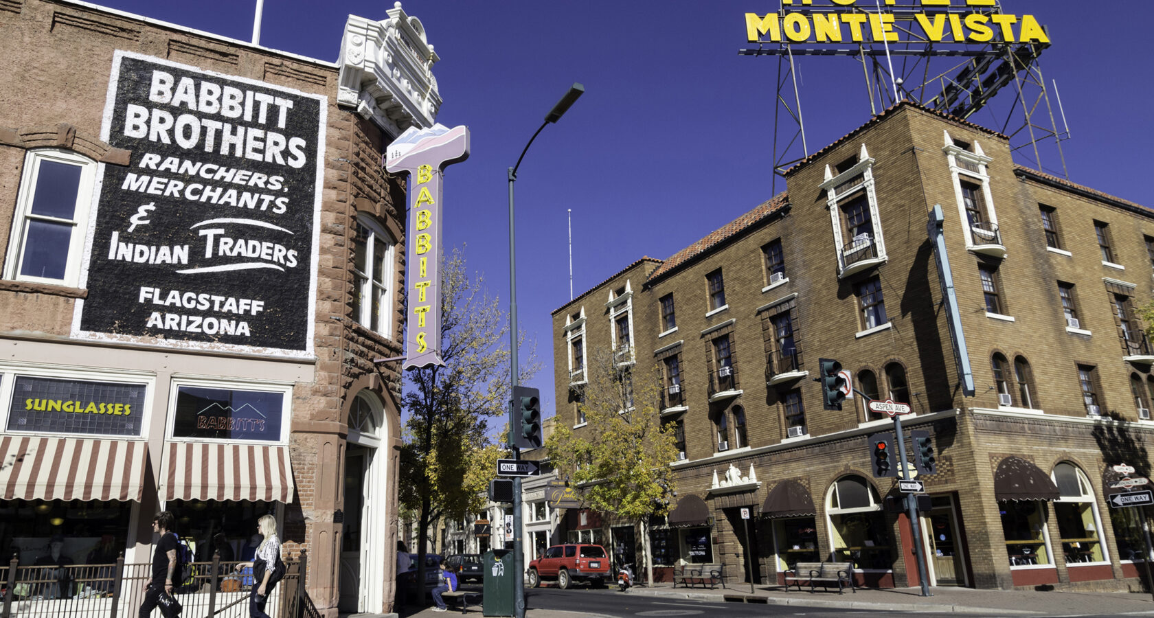 Corner of Aspen Ave. and San Francisco Street in historic downtown Flagstaff, Arizona.