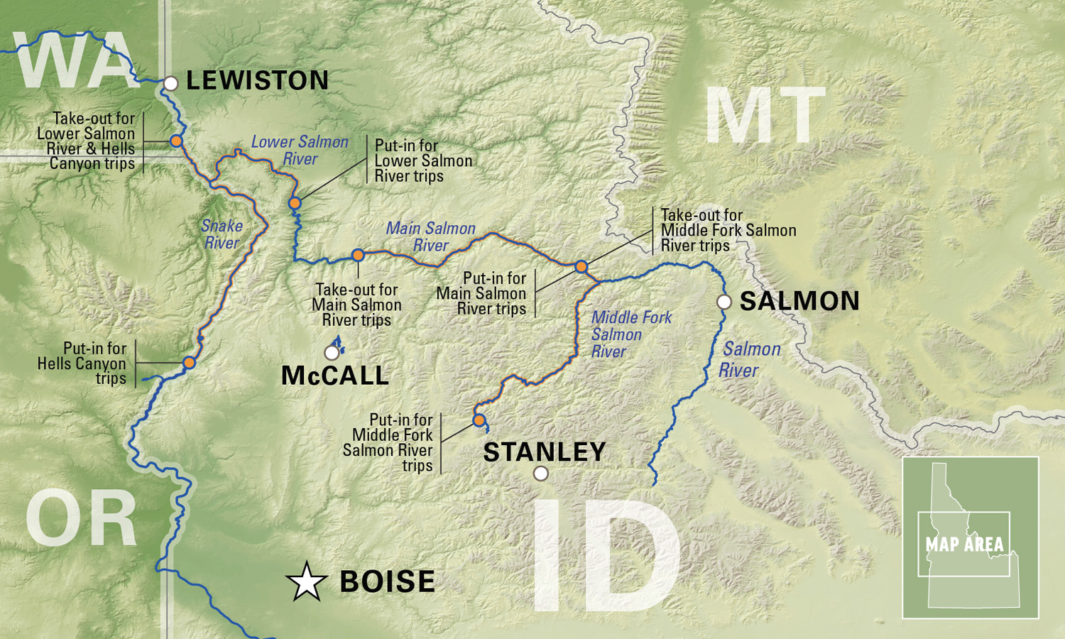 Map of Idaho's Salmon River detailing the Middle Fork, Main and Lower stretches